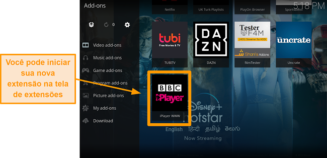 captura de tela de como instalar o complemento oficial do kodi, etapa onze, lan&ccedil;ar o novo complemento da p&aacute;gina inicial