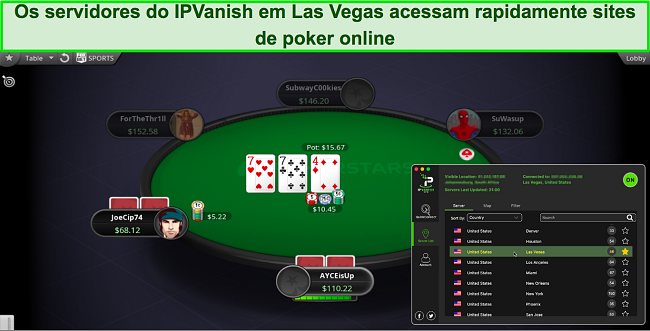 Captura de tela de um jogo de p&ocirc;quer ativo usando o servidor IPVanish em Las Vegas, Nevada, EUA