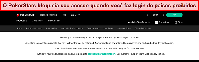 Captura de tela de mensagens de erro ao tentar acessar o PokerStars de um pa&iacute;s restrito