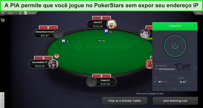 Captura de tela de um jogo do PokerStars enquanto o PIA est&aacute; conectado a um servidor na Pensilv&acirc;nia, EUA