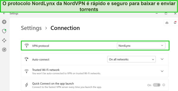 Captura de tela do aplicativo NordVPN para Windows mostrando o protocolo NordLynx selecionado