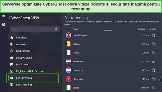 Captură de ecran a aplicației CyberGhost pentru Windows, cu lista de servere de torrenting evidențiată.