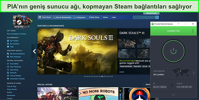 Steam panosunun a&ccedil;ık&ccedil;a erişilebilir olduğu bir Birleşik Krallık sunucusuna bağlı PIA'nın ekran g&ouml;r&uuml;nt&uuml;s&uuml;.