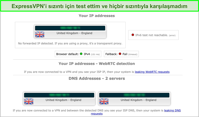 İngiltere'deki bir sunucuya bağlıyken ExpressVPN'in sızıntı testi sonu&ccedil;larının ekran g&ouml;r&uuml;nt&uuml;s&uuml;