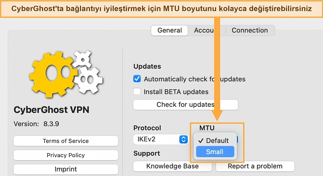 VPN bağlantısı kesiliyor nasıl d&uuml;zeltilir CyberGhost Genel ayarlar sekmesi MTU se&ccedil;eneklerini g&ouml;steriyor