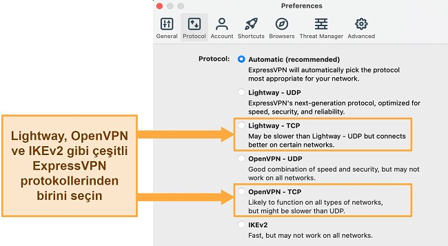 VPN bağlantısı kesiliyor nasıl d&uuml;zeltilir ExpressVPN Protokol men&uuml;s&uuml; TCP protokollerini g&ouml;steriyor