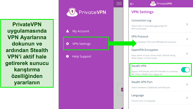 Gizli VPN &ouml;zelliğinin nasıl a&ccedil;ılacağını g&ouml;steren PrivateVPN iOS uygulamasının ekran g&ouml;r&uuml;nt&uuml;leri.