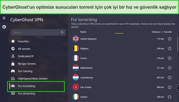 Torrent sunucuları listesinin vurgulandığı CyberGhost'un Windows uygulamasının ekran g&ouml;r&uuml;nt&uuml;s&uuml;.