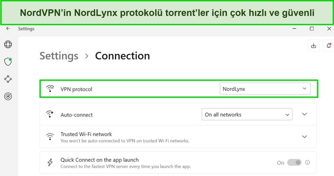 NordVPN'in Windows uygulamasının NordLynx protokol&uuml;n&uuml;n se&ccedil;ili olduğunu g&ouml;steren ekran g&ouml;r&uuml;nt&uuml;s&uuml;