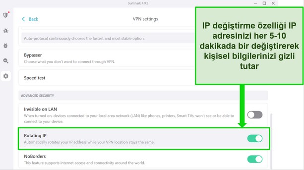 Surfshark'ın IP D&ouml;nd&uuml;rmenin a&ccedil;ık olduğunu g&ouml;steren Windows aray&uuml;z&uuml;n&uuml;n ekran g&ouml;r&uuml;nt&uuml;s&uuml;