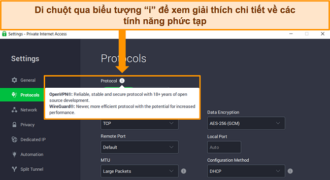 Ảnh chụp m&agrave;n h&igrave;nh ứng dụng Windows của PIA tr&ecirc;n menu Giao thức, hiển thị giải th&iacute;ch chi tiết về một t&iacute;nh năng khi di chuột qua biểu tượng th&ocirc;ng tin "i".