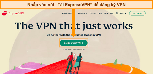 Ảnh chụp màn hình trang chủ của ExpressVPN, làm nổi bật nút "Nhận ExpressVPN".