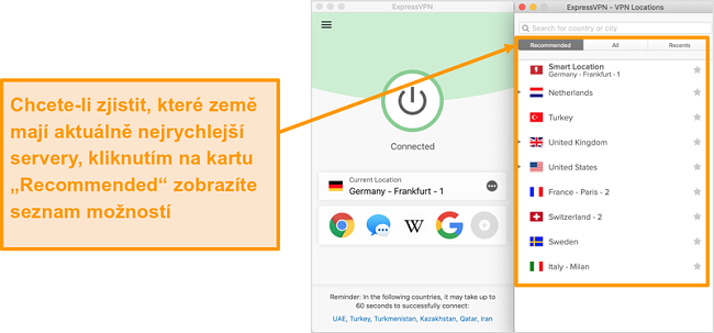 Screenshot aplikace ExpressVPN zobrazuj&iacute;c&iacute; doporučen&eacute; servery