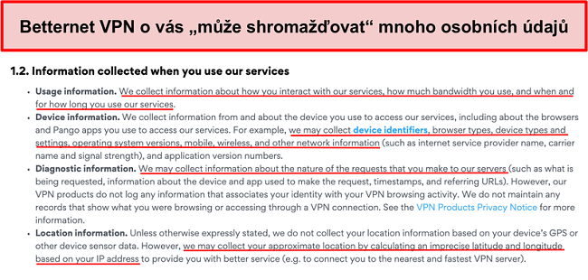 Screenshot z&aacute;sad ochrany osobn&iacute;ch &uacute;dajů Betternet VPN
