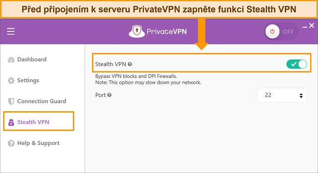 Sn&iacute;mek obrazovky aplikace PrivateVPN pro Windows zv&yacute;razňuj&iacute;c&iacute; funkci Stealth VPN