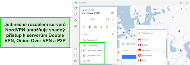 Přehled oblasti v&yacute;běru speci&aacute;ln&iacute;ch serverů NordVPN
