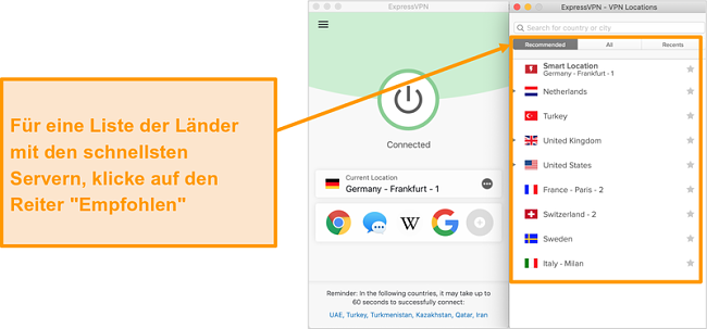 Screenshot der ExpressVPN-App mit empfohlenen Servern