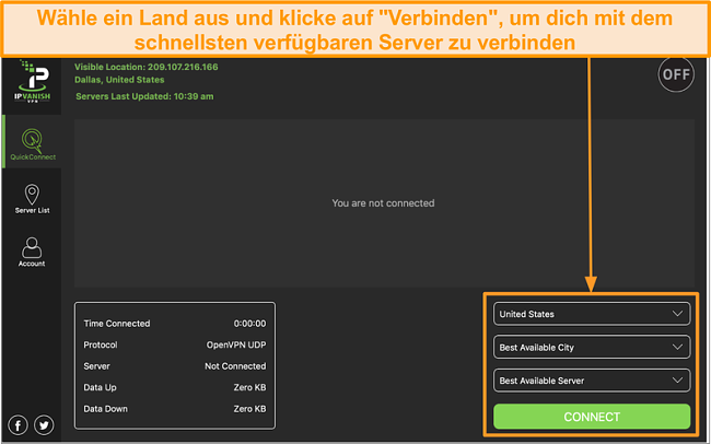 Screenshot der IPVanish-App-Oberfl&auml;che und des Abschnitts "Schnellverbindung"