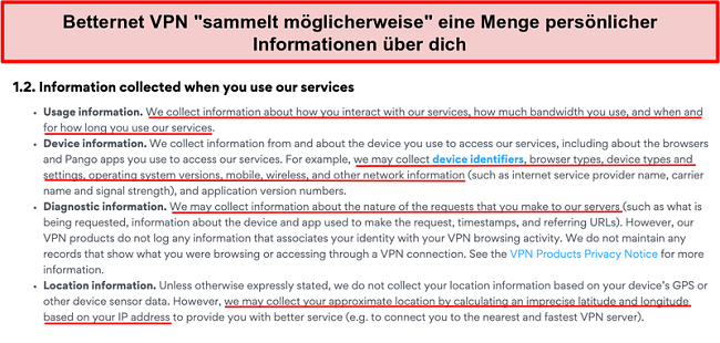 Screenshot der Datenschutzrichtlinie von Betternet VPN
