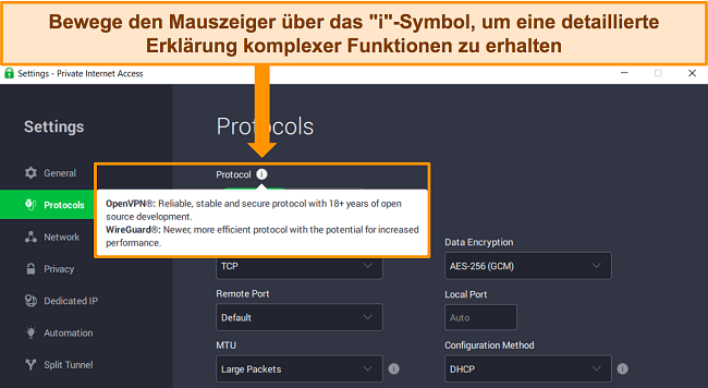Screenshot der Windows-App von PIA im Men&uuml; &bdquo;Protokolle&ldquo;, der eine detaillierte Erl&auml;uterung einer Funktion zeigt, wenn Sie mit der Maus &uuml;ber das Informationssymbol &bdquo;i&ldquo; fahren.