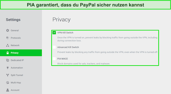 Screenshot des VPN-Einstellungsmen&uuml;s der macOS-App von PIA
