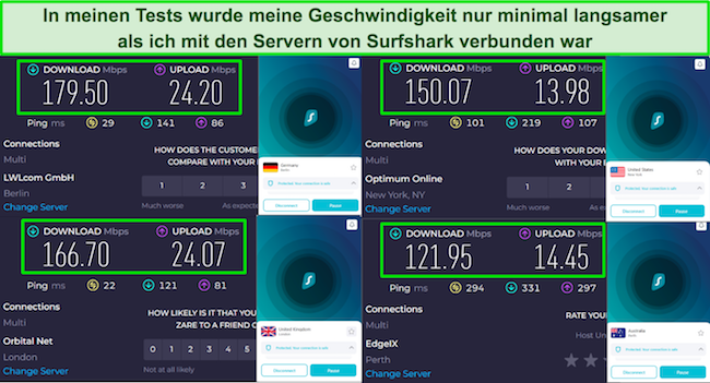 Screenshot meines Surfshark-Geschwindigkeitstests bei Verbindung mit Servern in den USA, Gro&szlig;britannien, Australien und Deutschland