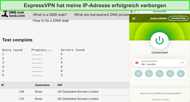 Screenshot von ExpressVPN, das meinen IP- und DNS-Lecktest bestanden hat, w&auml;hrend es mit seinem Londoner Server verbunden war