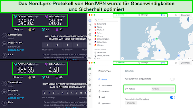 Screenshot der Geschwindigkeitstestergebnisse von NordVPN, der die h&ouml;heren Geschwindigkeiten von NordLynx auf dem Edinburgh-Server zeigt