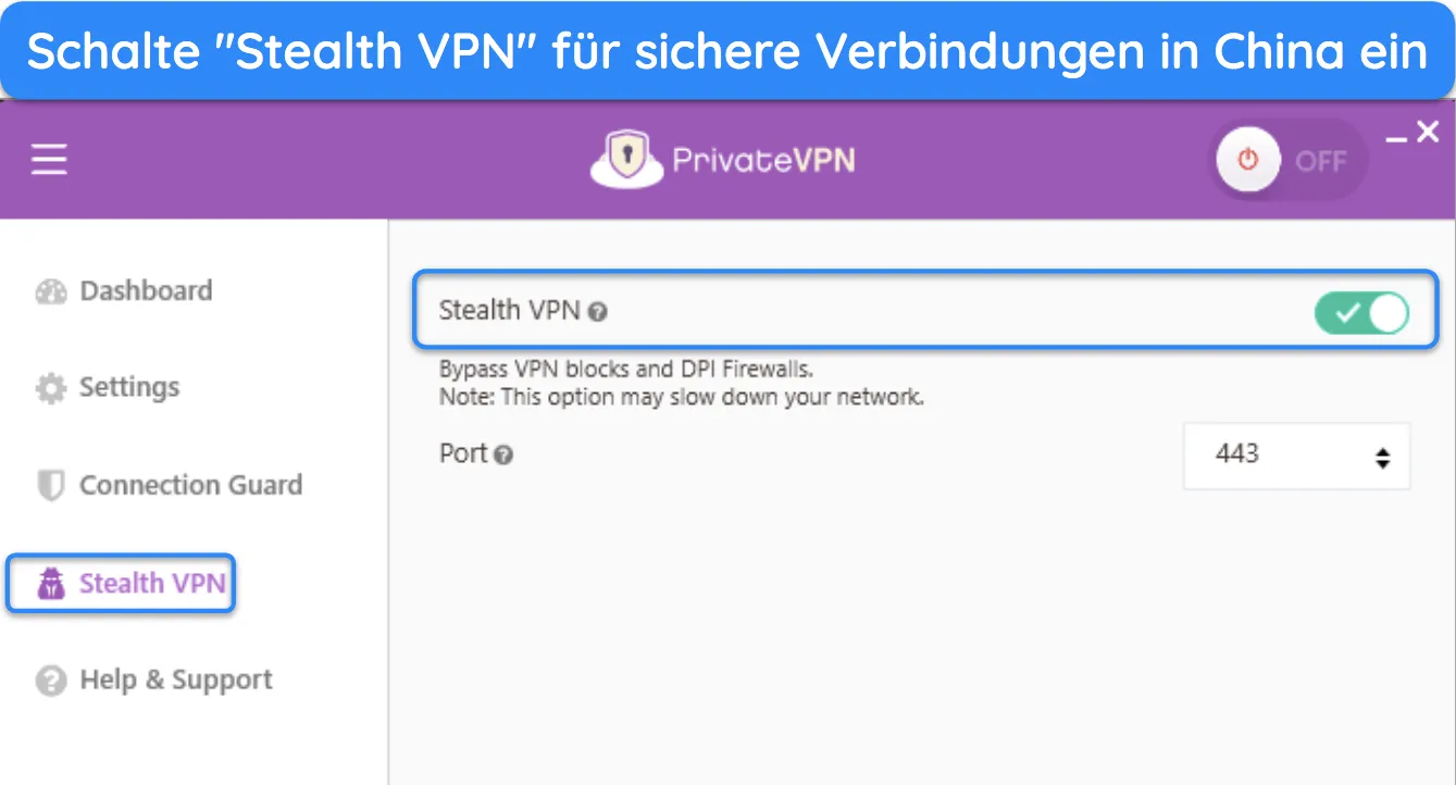 Bild der Windows-App von PrivateVPN, das die Verschleierungseinstellungen von Stealth VPN hervorhebt.