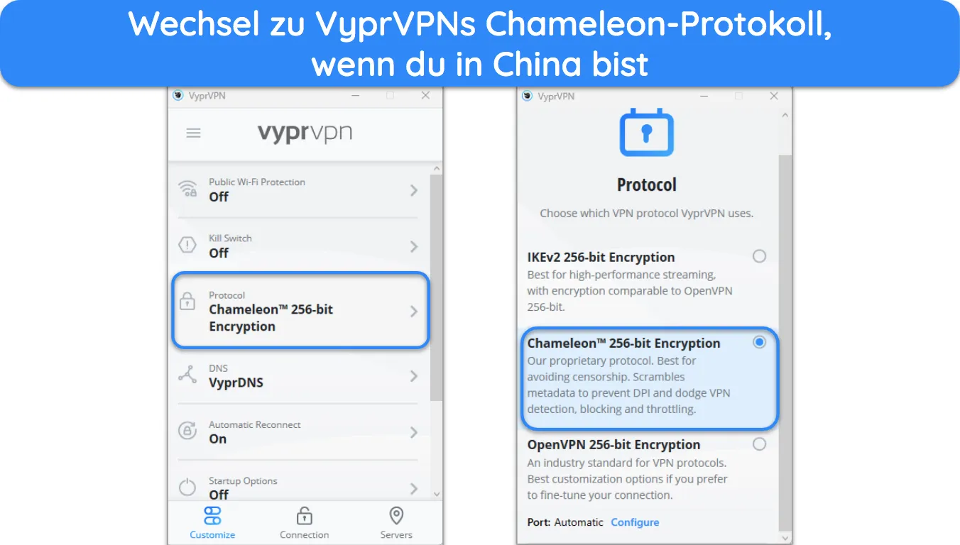 Bild der Windows-App von VyprVPN, das die Chameleon-Protokolleinstellungen zeigt.