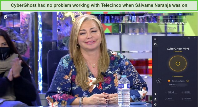 Screenshot of S&aacute;lvame playing on Telecinco while CyberGhost is connected to a server in Spain