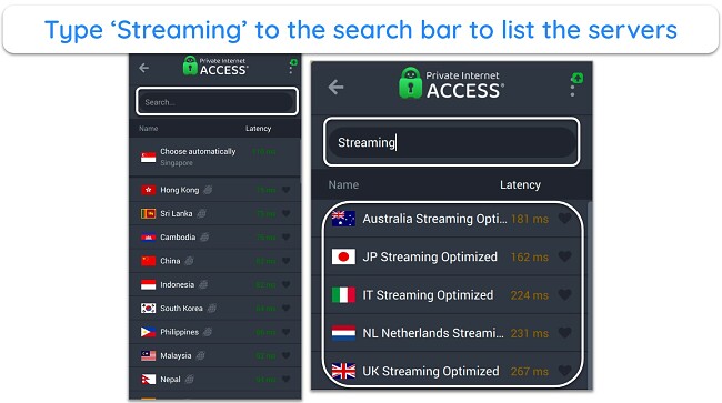 Screenshot of PIA's streaming servers
