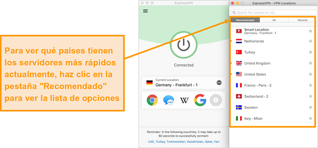Captura de pantalla de la aplicaci&oacute;n ExpressVPN que muestra los servidores recomendados