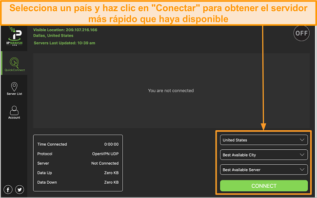 Captura de pantalla de la interfaz de la aplicaci&oacute;n IPVanish y la secci&oacute;n "Conexi&oacute;n r&aacute;pida"