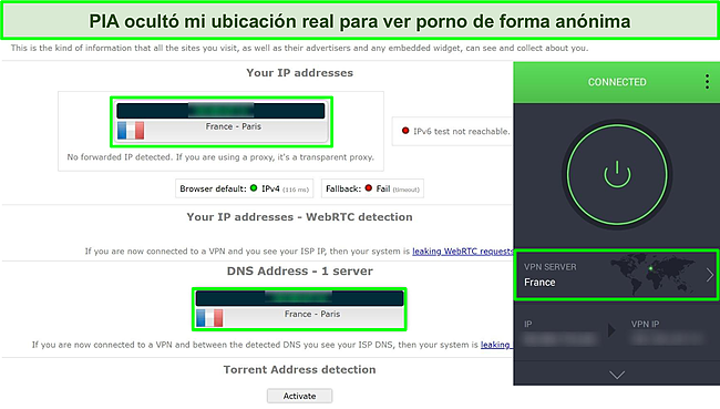 Captura de pantalla de las pruebas de fuga de IP y DNS realizadas en el servidor franc&eacute;s de PIA.