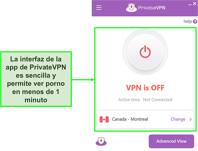 Captura de pantalla de la interfaz de la aplicaci&oacute;n de PrivateVPN en el modo Vista simple.