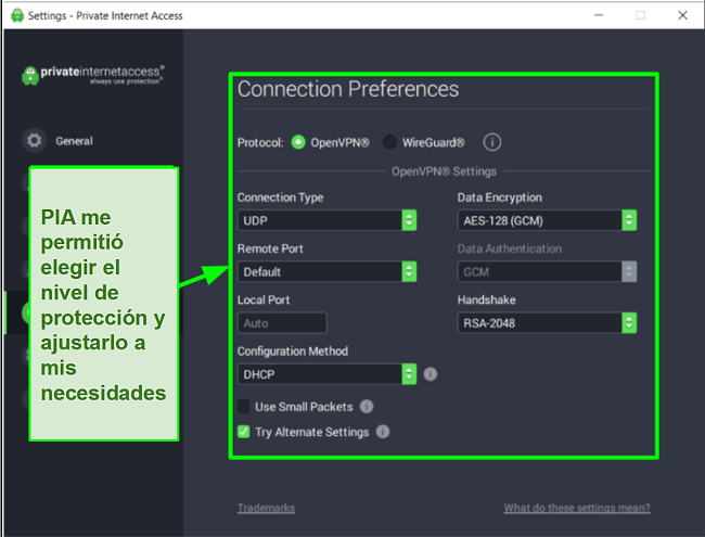 Captura de pantalla de la configuraci&oacute;n de seguridad PIA disponible