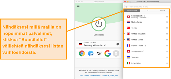 N&auml;ytt&ouml;kuva ExpressVPN-sovelluksesta, joka n&auml;ytt&auml;&auml; suositellut palvelimet
