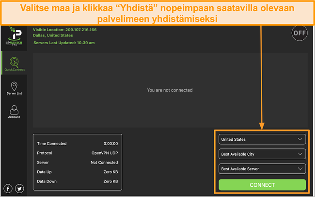 N&auml;ytt&ouml;kuva IPVanish-sovelluksen k&auml;ytt&ouml;liittym&auml;st&auml; ja "Quick Connect" -osasta