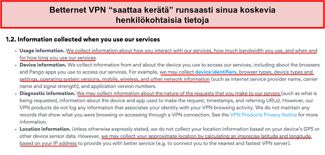 N&auml;ytt&ouml;kuva Betternet VPN -tietosuojak&auml;yt&auml;nn&ouml;st&auml;