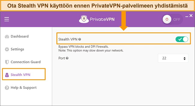 Näyttökaappaus PrivateVPN:n Windows-sovelluksesta, joka korostaa Stealth VPN -ominaisuutta