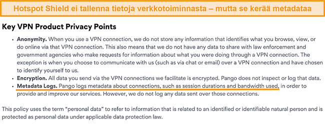 N&auml;ytt&ouml;kuva Hotspot Shields -tietosuojak&auml;yt&auml;nn&ouml;st&auml;