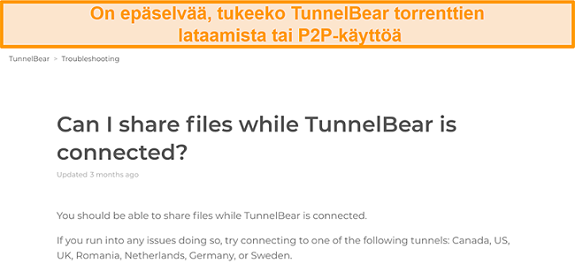 N&auml;ytt&ouml;kuva TunnelBearin tiedostojen jakamista koskevasta vianetsint&auml;sivusta
