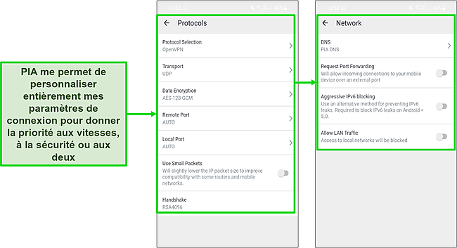 Capture d'&eacute;cran des param&egrave;tres de s&eacute;curit&eacute; de PIA sur Android.