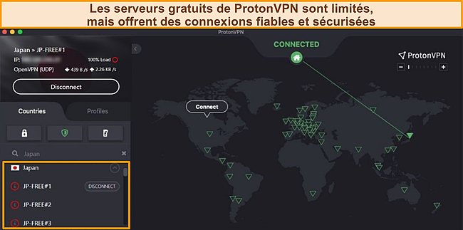 Capture d'&eacute;cran de Proton VPN connect&eacute; &agrave; un serveur gratuit au Japon.