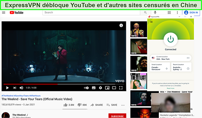 Capture d'&eacute;cran d'ExpressVPN connect&eacute; &agrave; un serveur am&eacute;ricain et d&eacute;bloquant YouTube en Chine