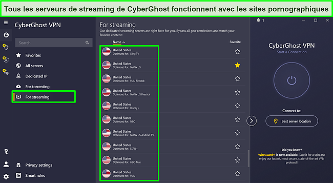 Capture d'&eacute;cran des serveurs optimis&eacute;s pour le streaming de CyberGhost.