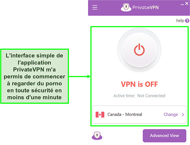 Capture d'&eacute;cran de l'interface de l'application PrivateVPN en mode Simple View.