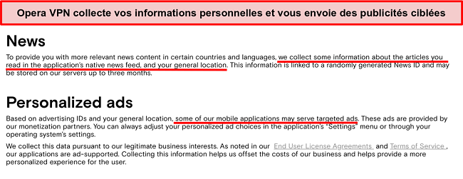 Capture d'&eacute;cran de la politique de confidentialit&eacute; d'Opera VPN montrant qu'elle enregistre les informations personnelles des utilisateurs et envoie des publicit&eacute;s cibl&eacute;es