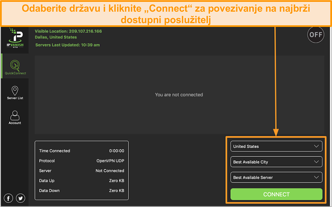 Snimka zaslona sučelja aplikacije IPVanish i odjeljka "Brzo povezivanje"